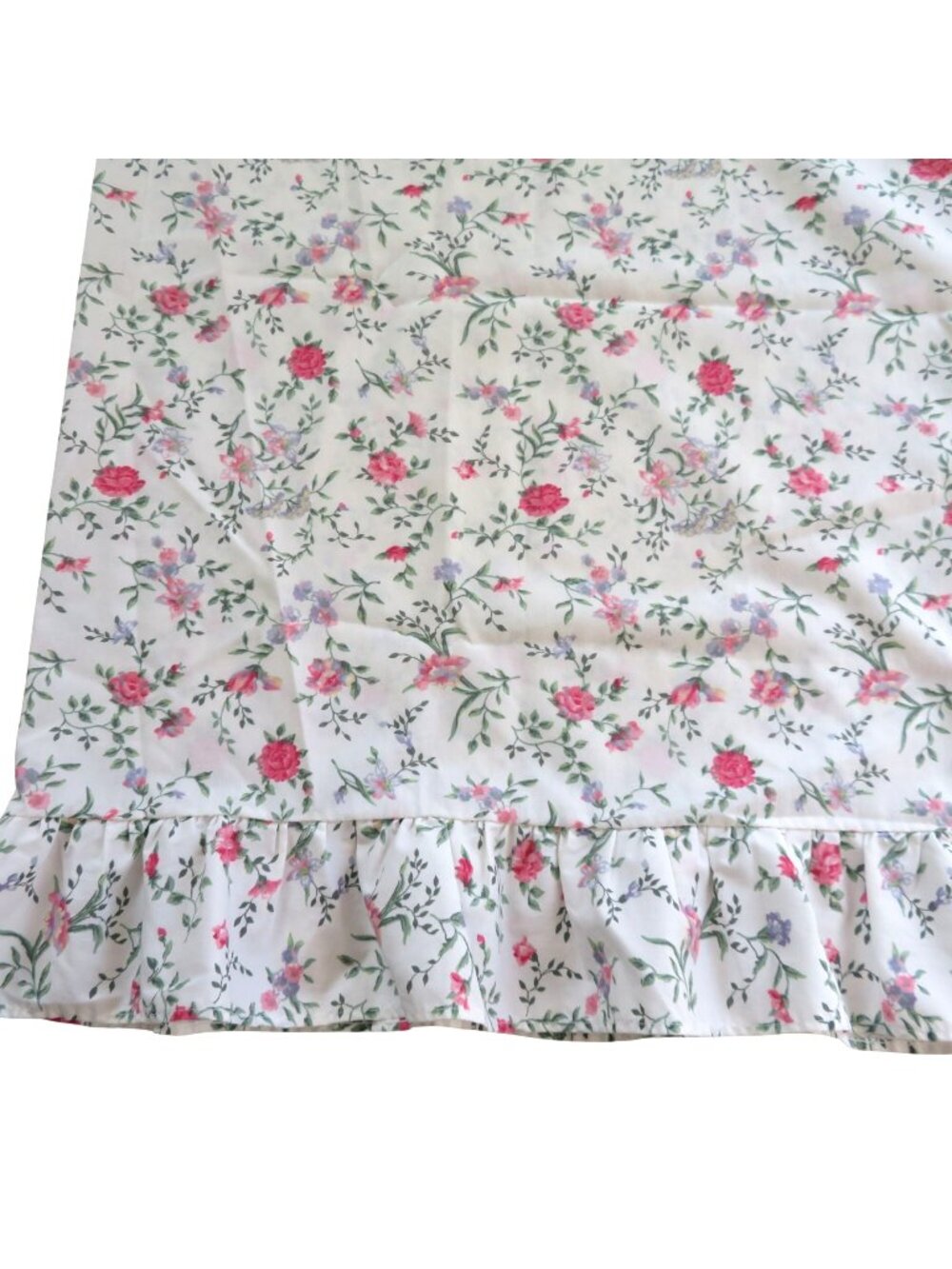 Vintage Floral Ruffle Standard Pillowcase White Pink Green Cotton Cottagecore